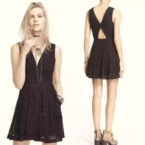FREE PEOPLE Lovely In Lace Small S Black Mini Dress Back Cut Out Boho